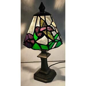 Stained Glass Hummingbirds Metal Base Accent Lamp Tiffany Style Purple Pink